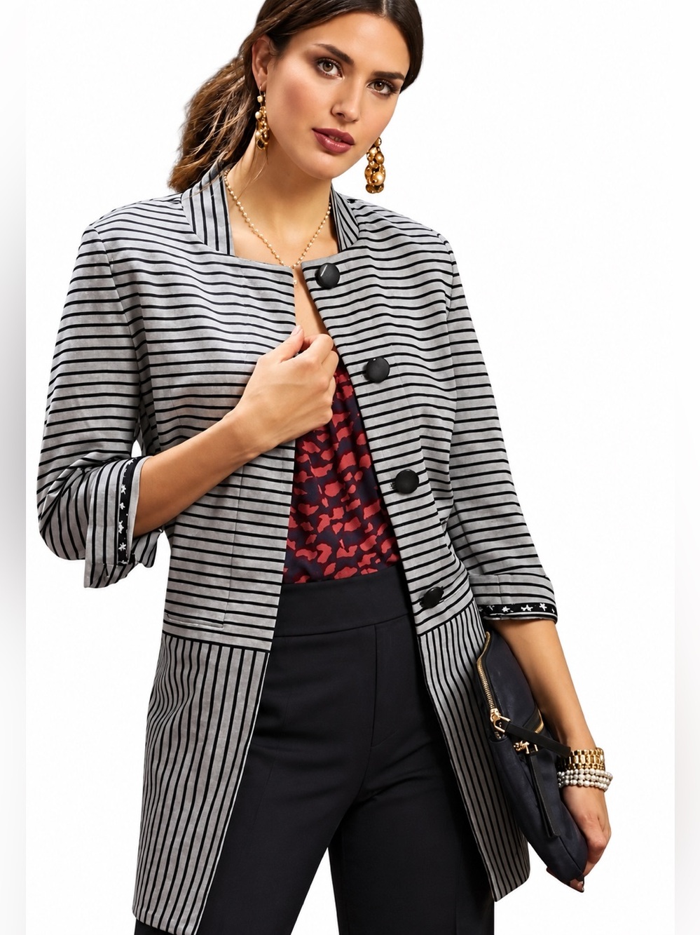 CAbi #5474 Dapple Stripe Car Coat Gray Blue Knit Jacket Ponte Knit Trench Sz M